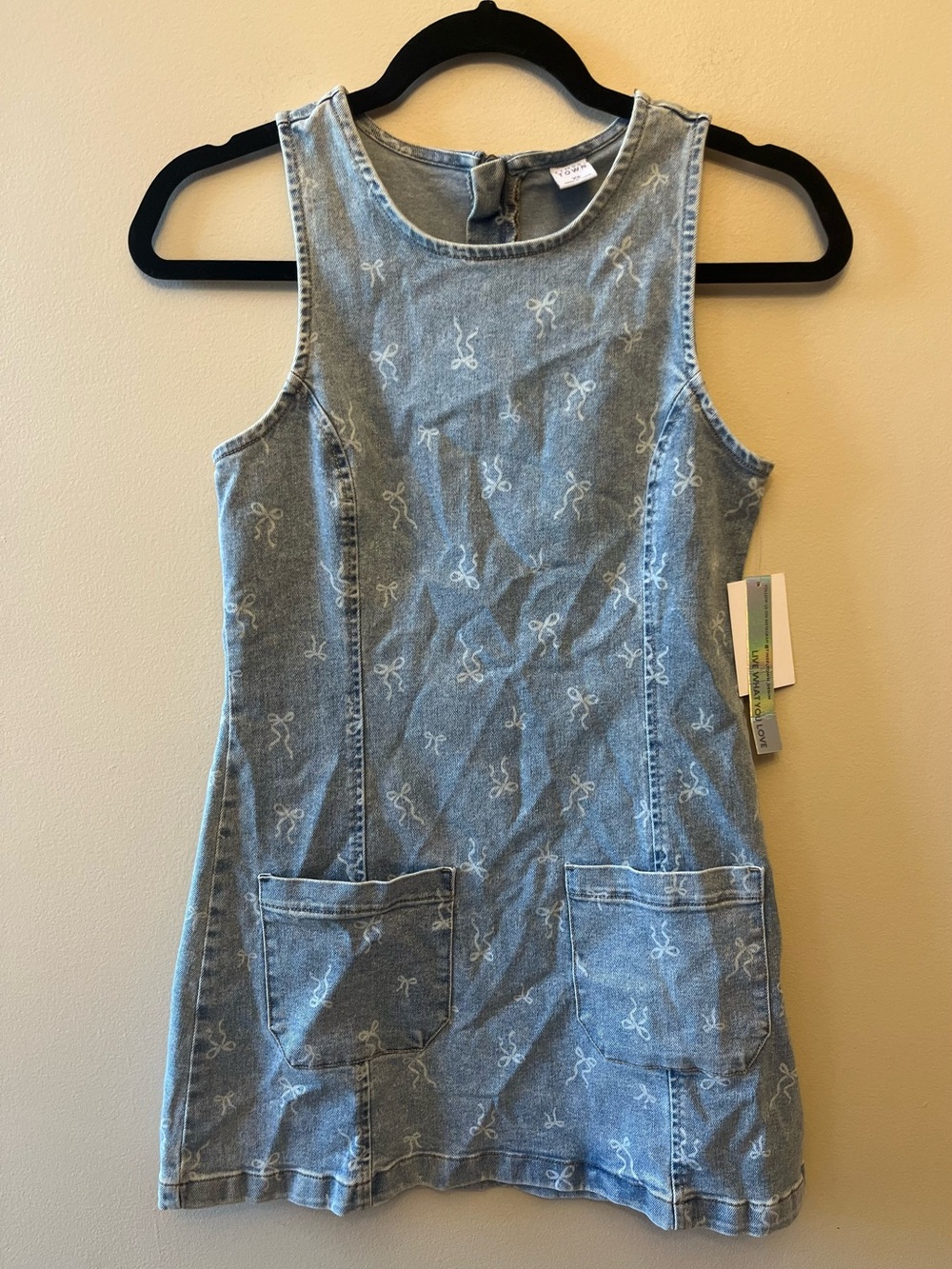 NWT Tinseltown Denim Patch Pocket Shift Dress Juniors Size XS Bow Print
